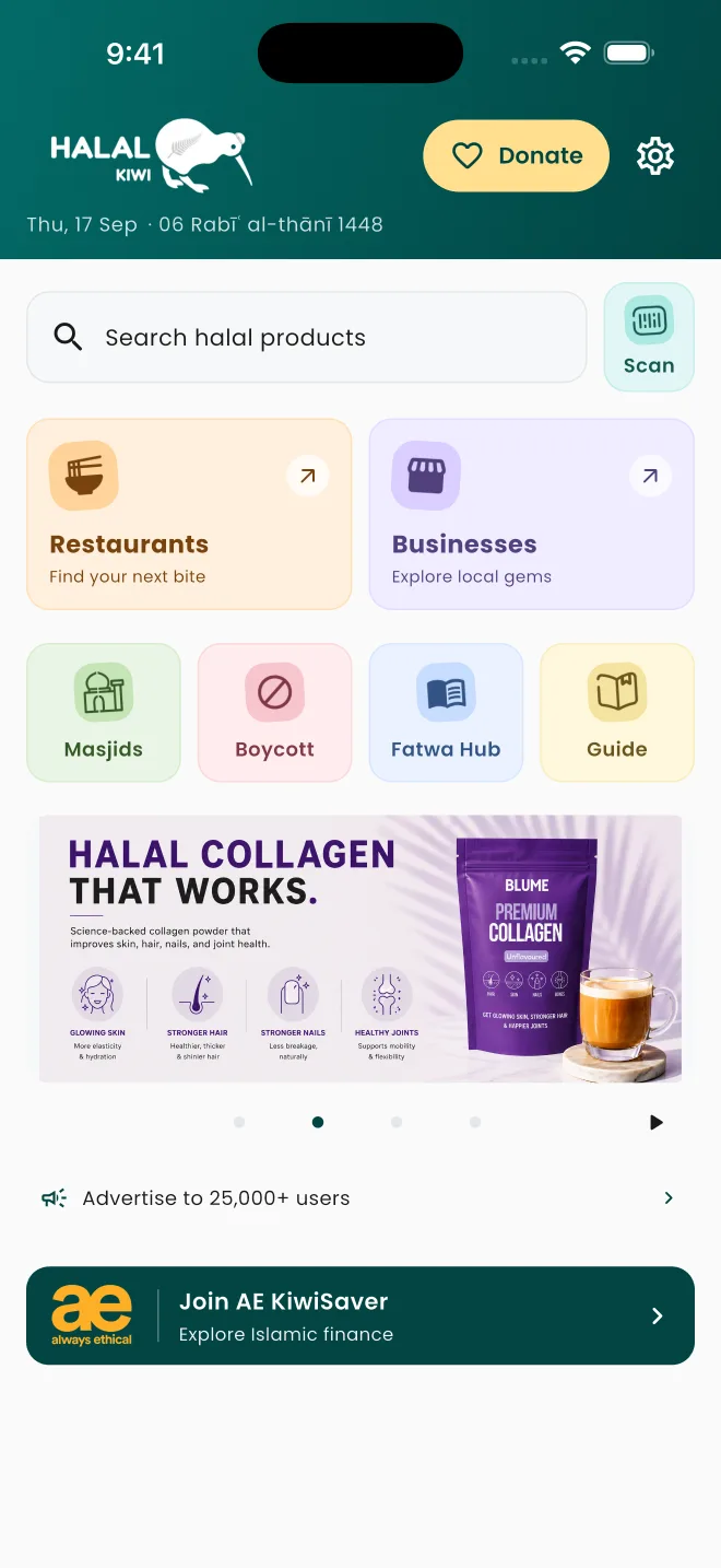 Halal Kiwi app home screen