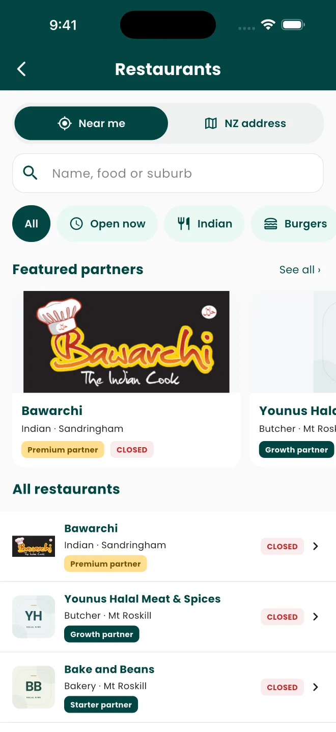 Halal Kiwi app restaurants screen